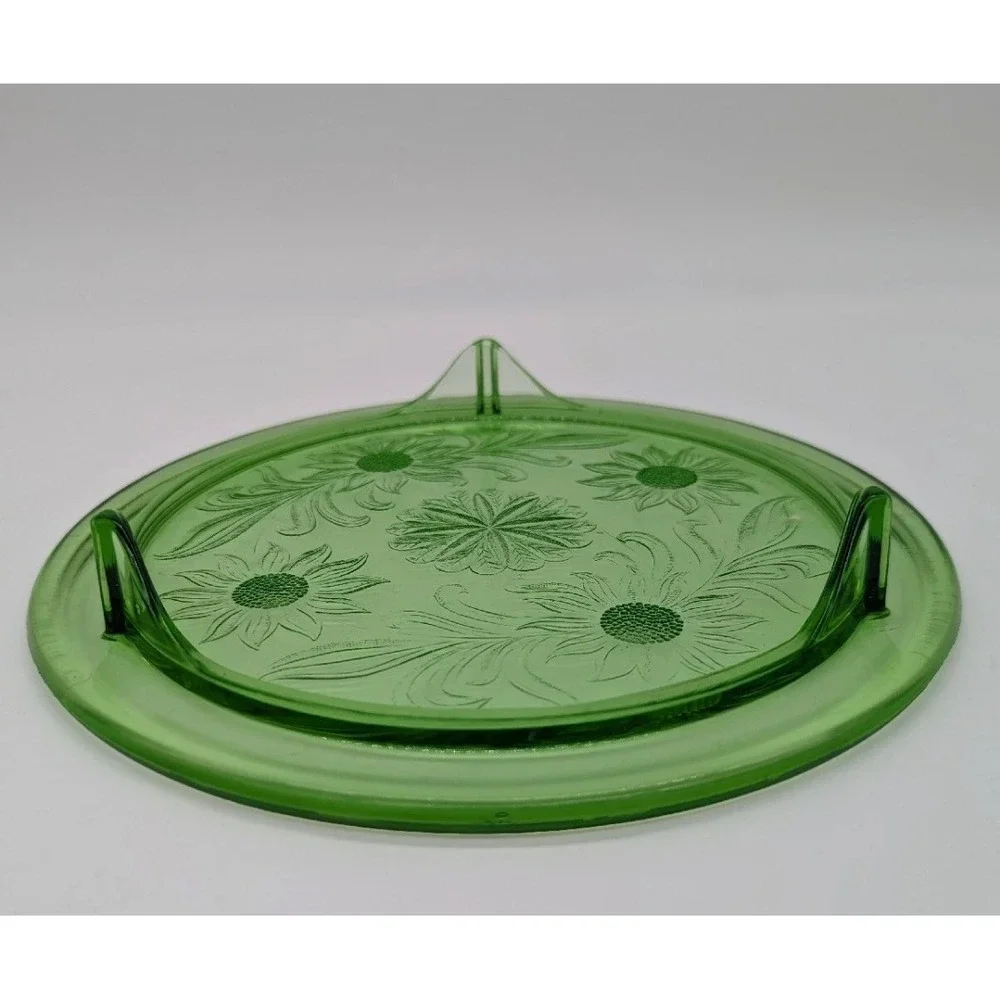 Vintage Uranium Depression Glass Cake Plate Floral Pattern Footed Glows Under UV